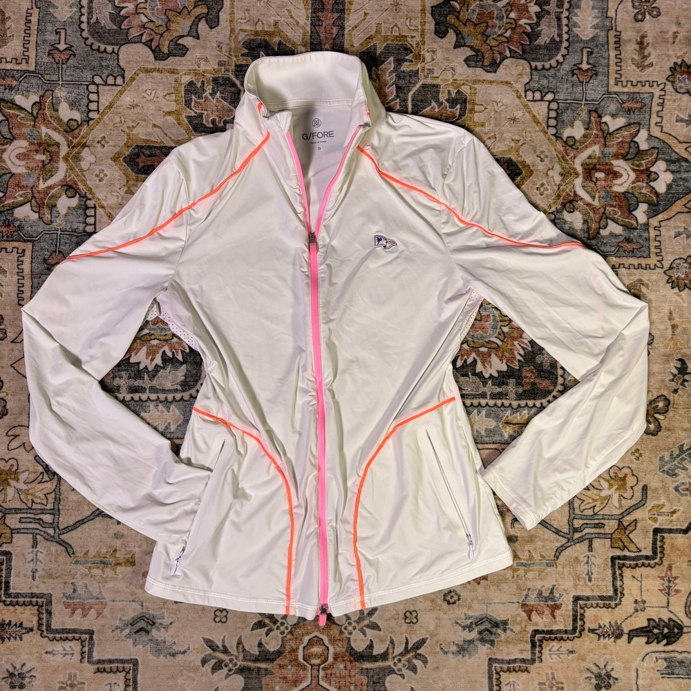 G/FORE Womens White Full Zip Golf Jacket Neon Pink Piping Size Small Golf Tennis